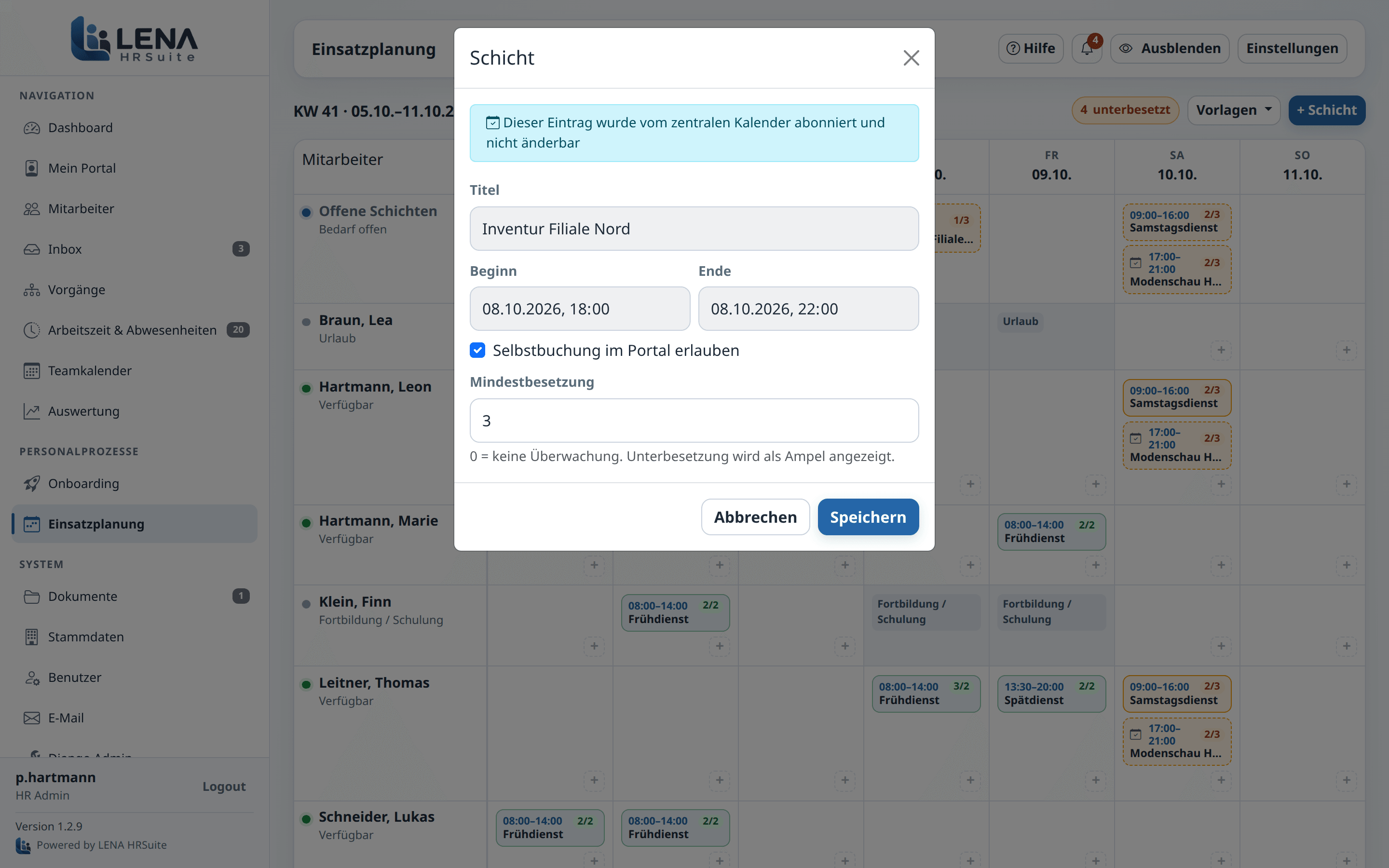 Dialog einer aus dem zentralen Kalender übernommenen Schicht mit gesperrten Kalenderfeldern