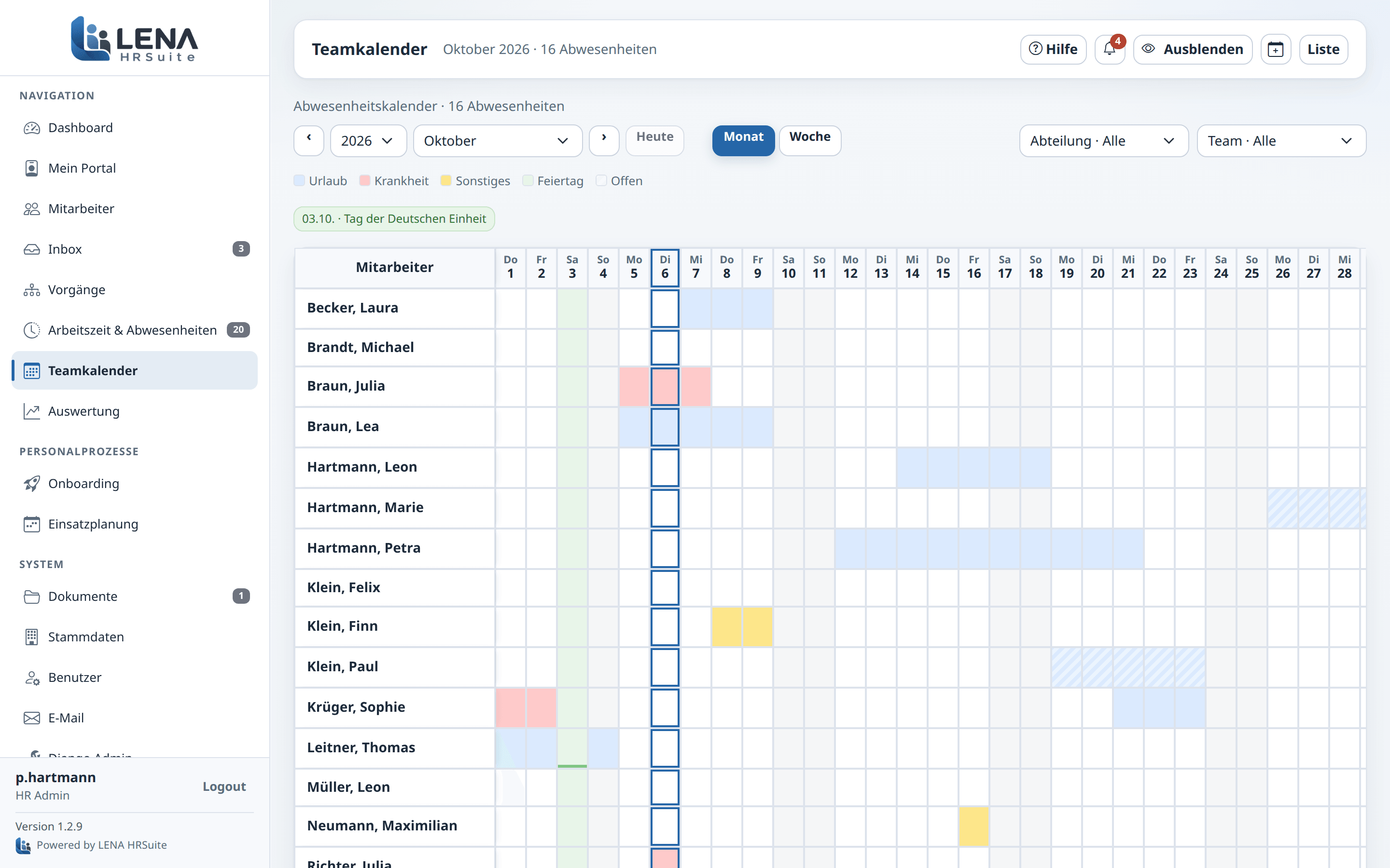 Teamkalender mit Urlaub und Krankheit im Monatsüberblick
